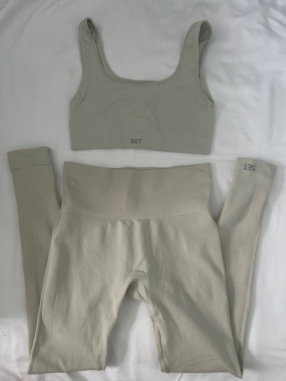 SET Active Ribbed Seamless Workout Crop & High-Waist Leggings - Light Beige